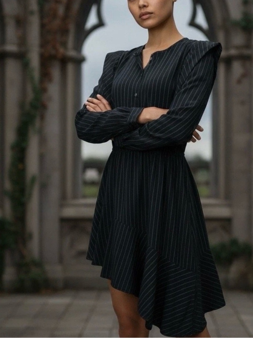 Joie Black Pinstripe Long Sleeve Midi Dress